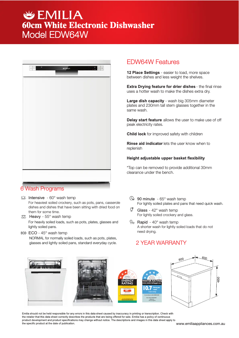 Página 1 del manual Ficha técnica Emilia EDW64W