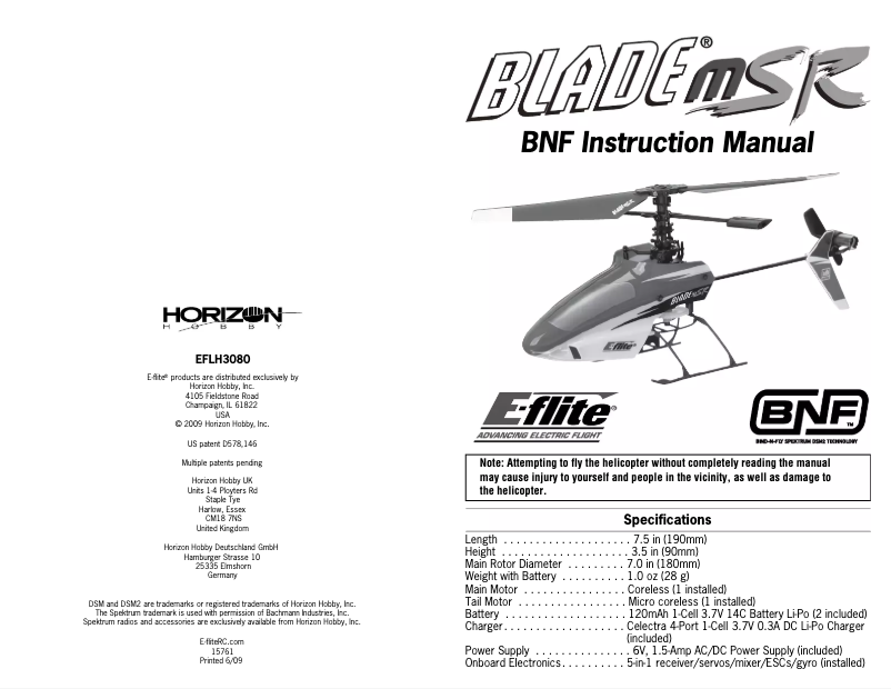 Page 1 de la notice Manuel utilisateur E-flite Blade mSR BNF