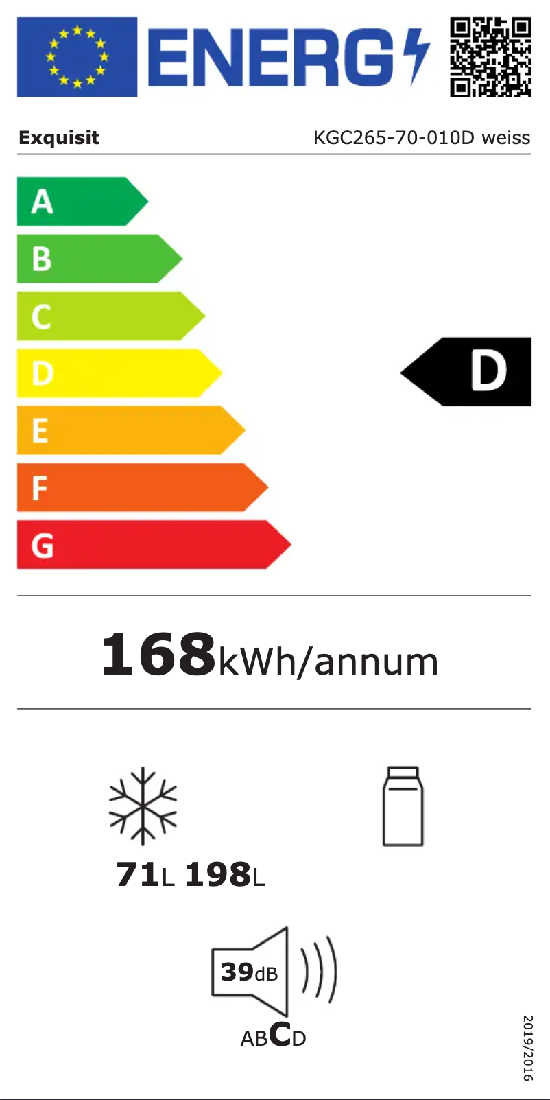 Page 1 de la notice Label énergétique Exquisit KGC265-70-010D