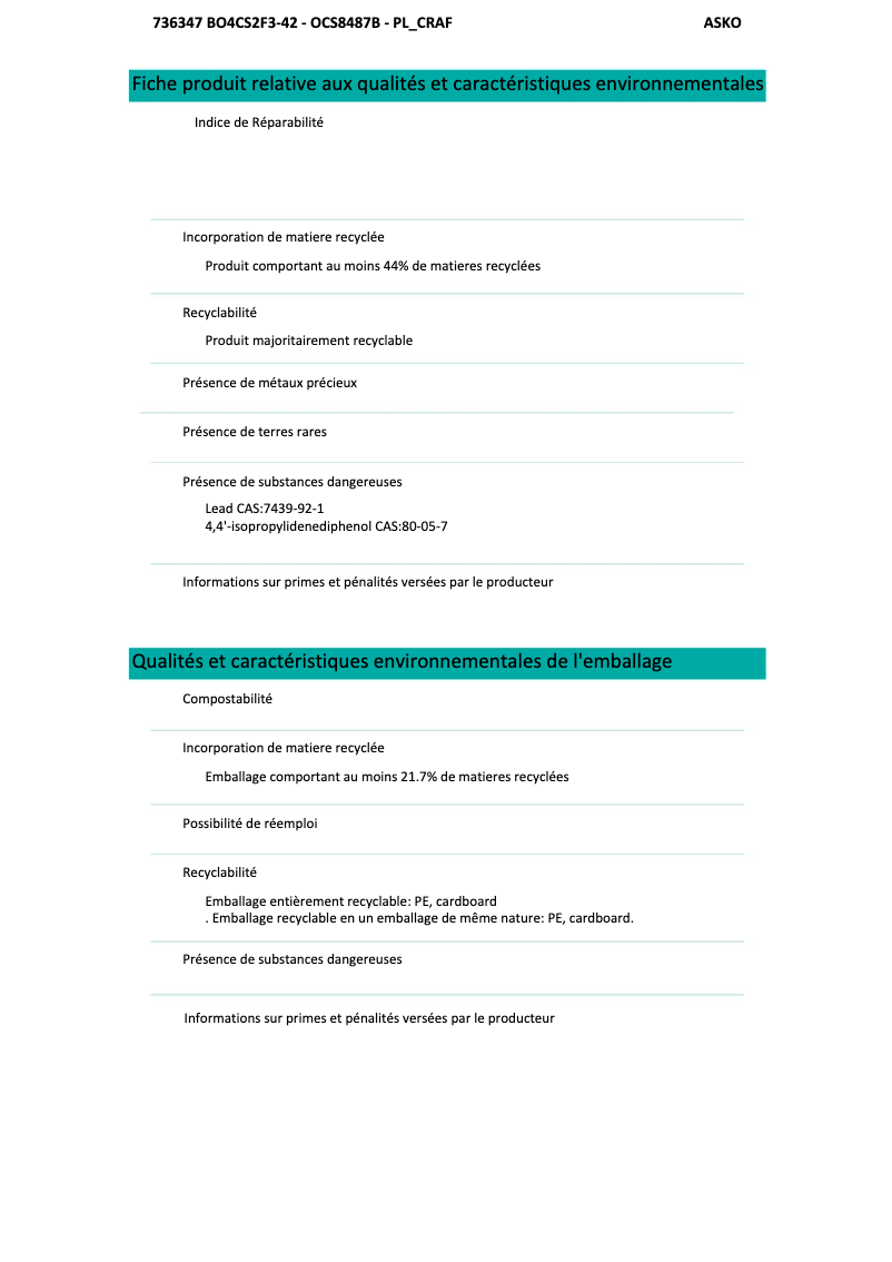 Page 1 de la notice Fiche technique Asko OCS8487BB