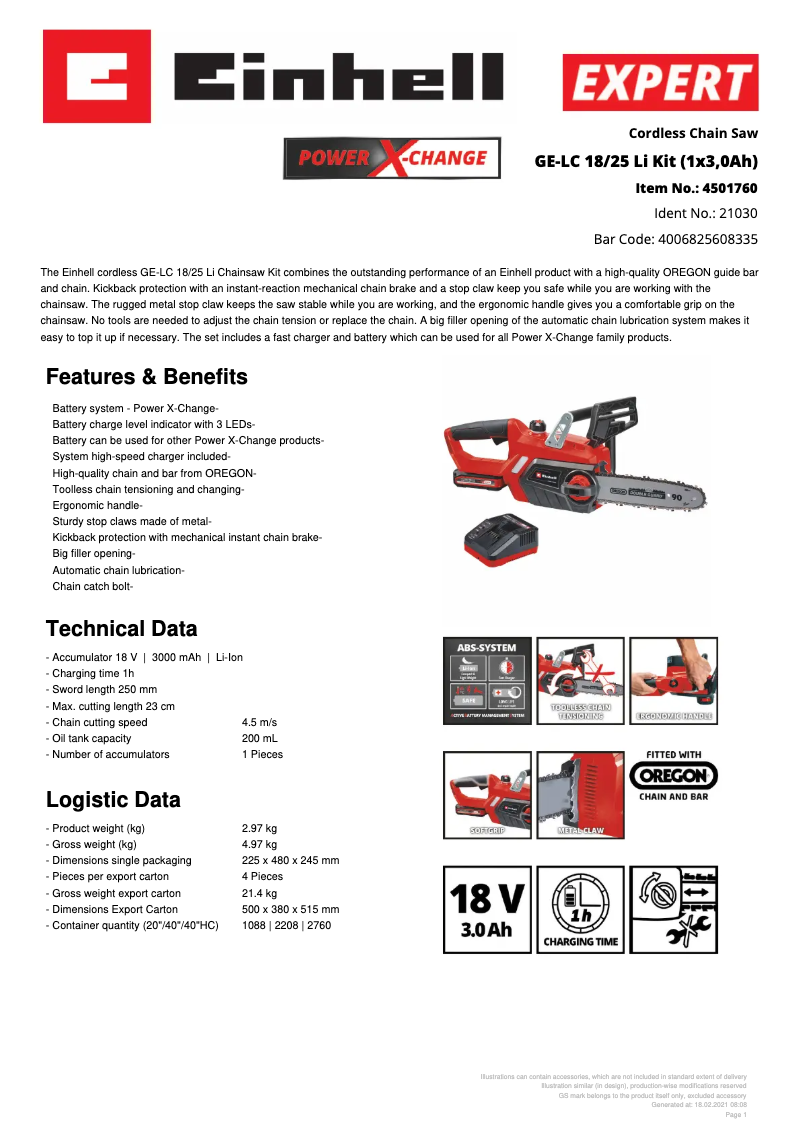 Page n°1 - Fiche technique Einhell GE-LC 18/25 Li