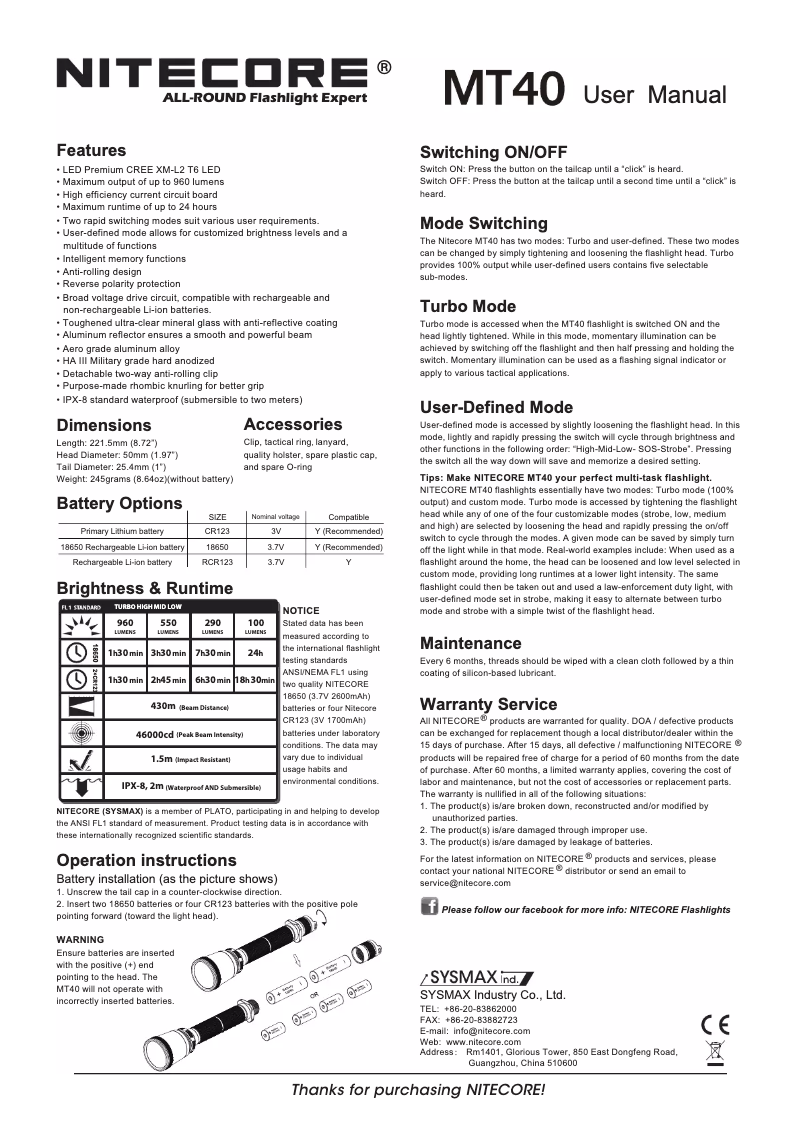 Page 1 de la notice Manuel utilisateur Nitecore MT40