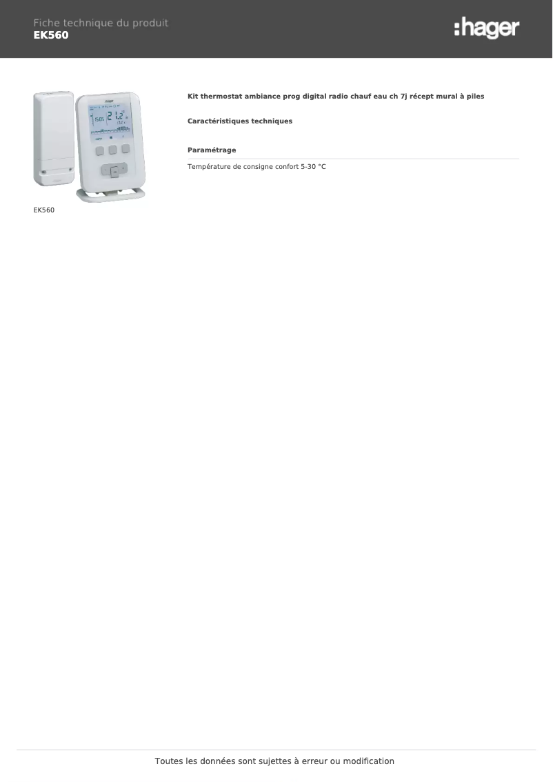 Page 1 de la notice Fiche technique Hager EK560