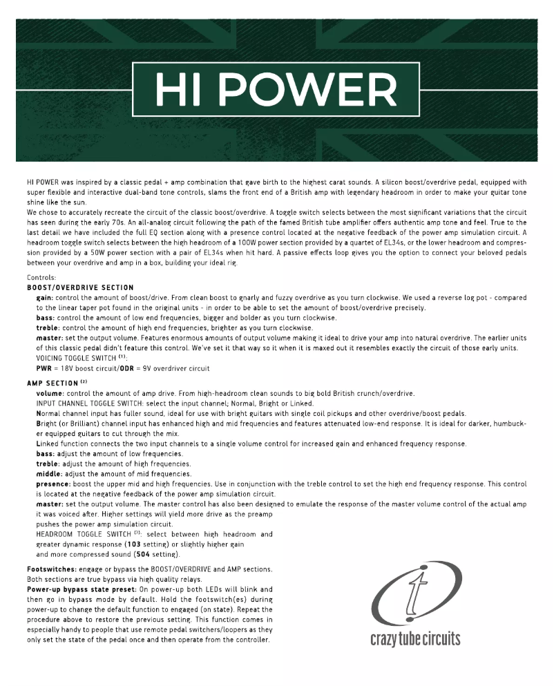 Page 1 de la notice Manuel utilisateur Crazy Tube Circuits Hi Power