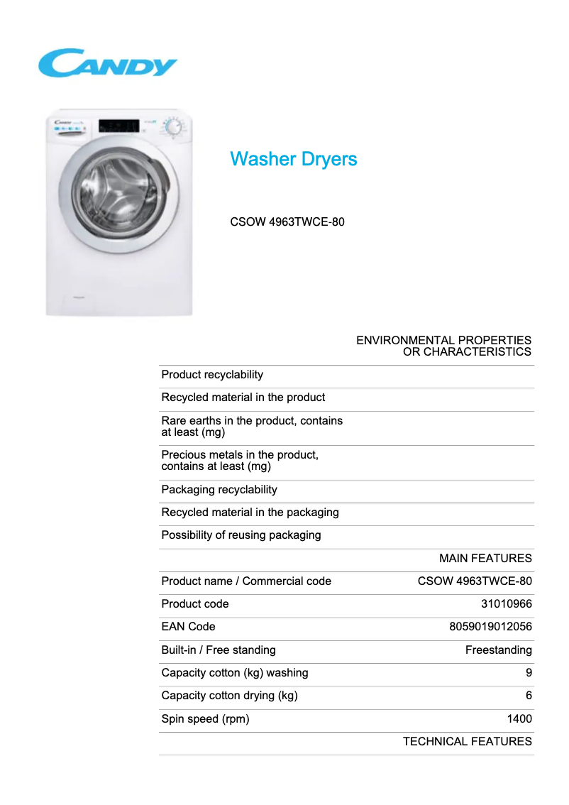 Page 1 de la notice Fiche technique Candy CSOW 4963TWCE-80