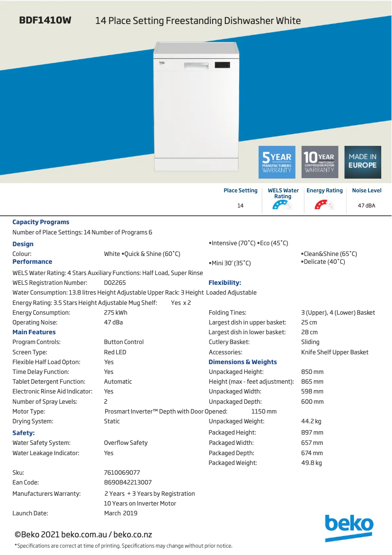 Page 1 de la notice Fiche technique Beko BDF1410W