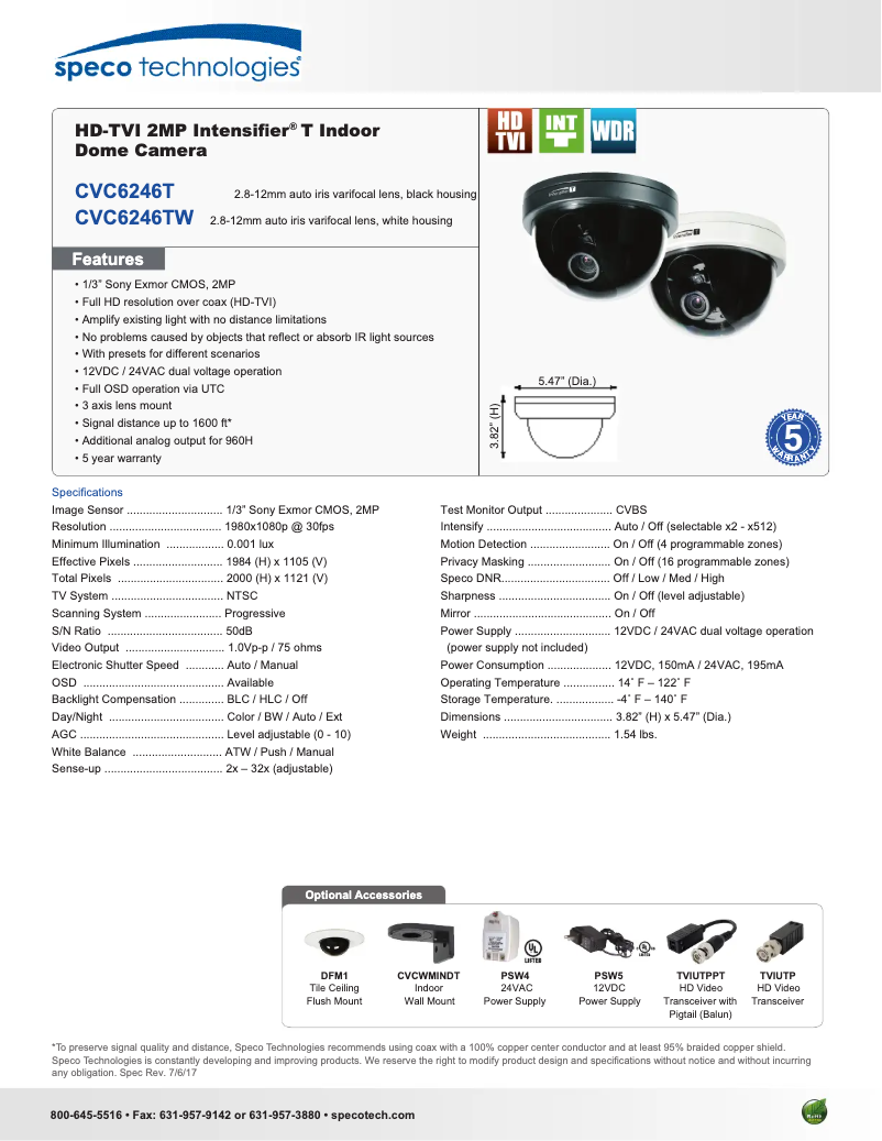 Page 1 de la notice Fiche technique Speco Technologies CVC6246T