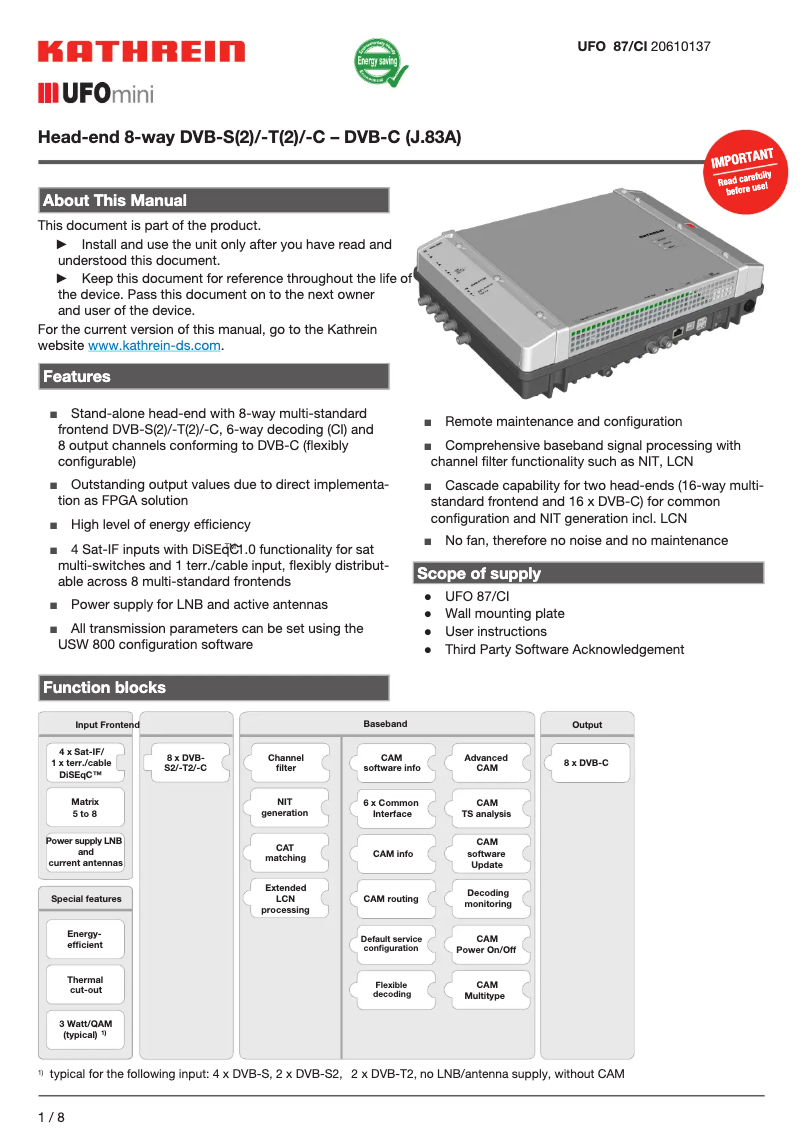 Page n°1 - Manuel utilisateur Kathrein UFO 87/CI
