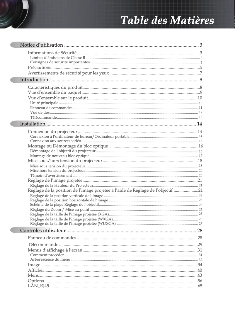 Page 1 de la notice Manuel utilisateur Optoma W505