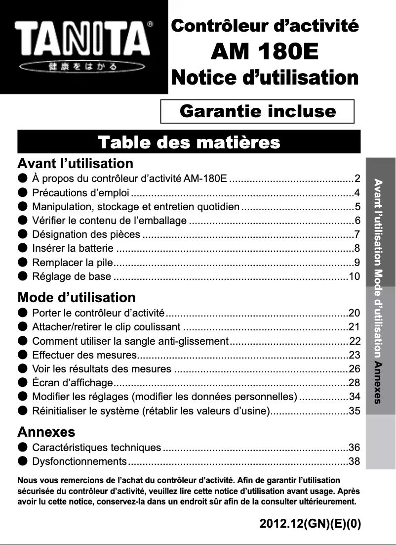 Page n°1 - Manuel utilisateur Tanita AM-180E