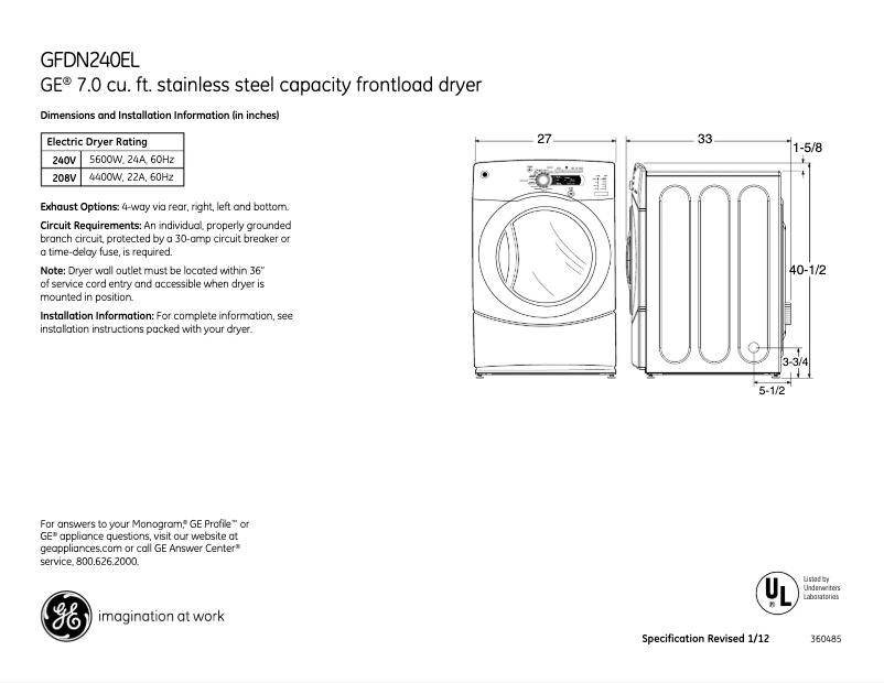 Page n°1 - Fiche technique GE GFDN245ELMS