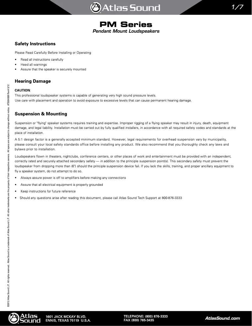 Page 1 de la notice Manuel utilisateur Atlas Sound PM8CX