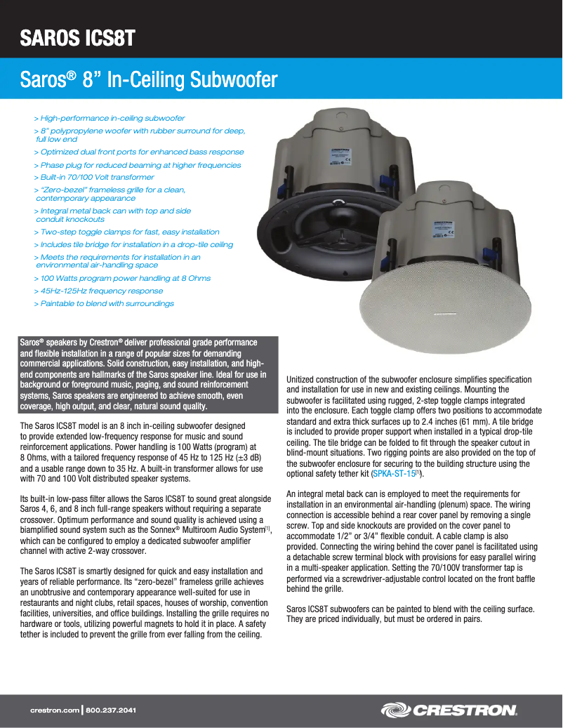 Page 1 de la notice Fiche technique Crestron Saros ICS8T-W-T-EACH