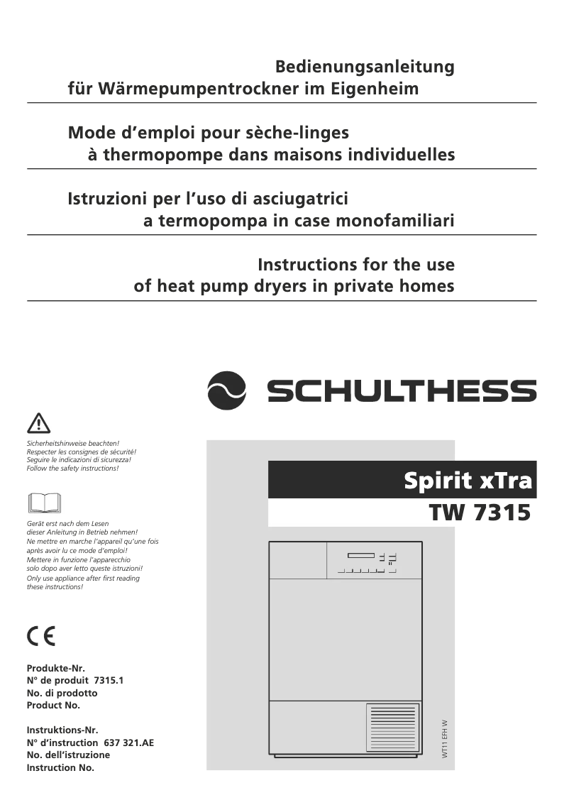 Page n°1 - Manuel utilisateur Schulthess Spirit xTra TW 7315