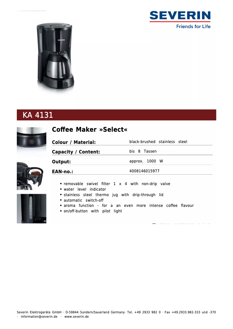 Page 1 de la notice Fiche technique Severin KA 4131