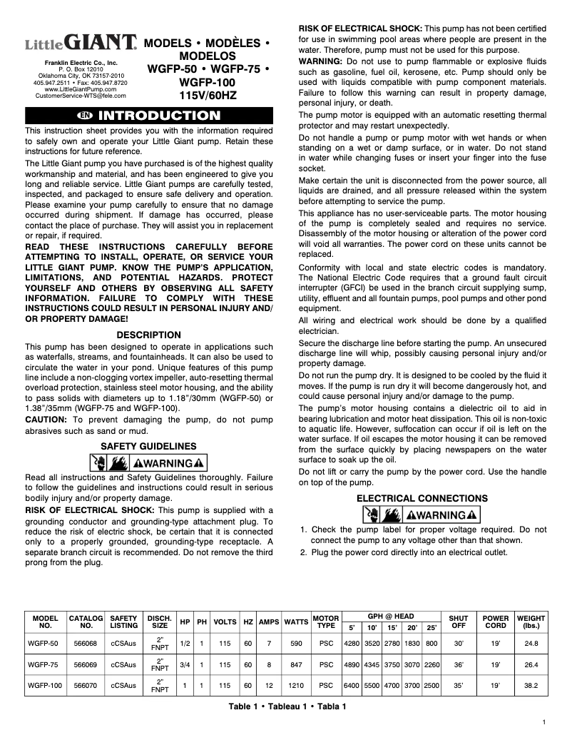 Image de la première page du manuel de l'appareil WGFP-75