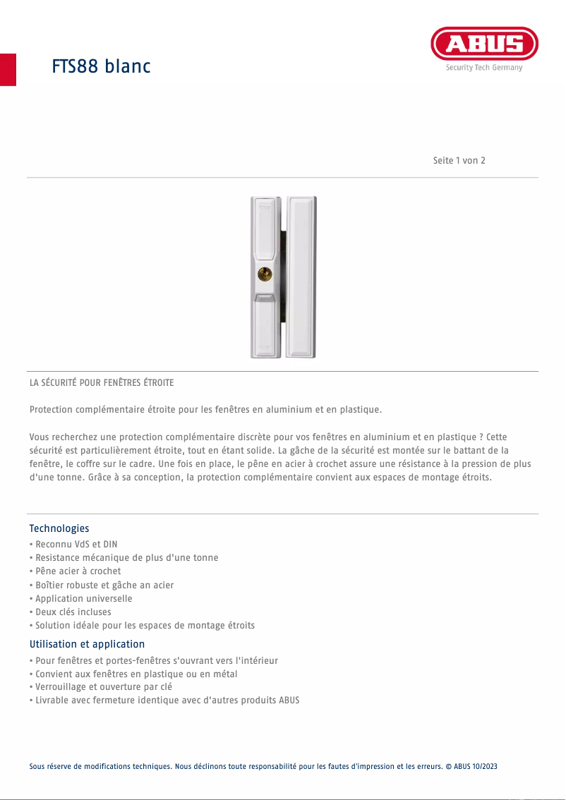 Page 1 de la notice Fiche technique Abus FTS88