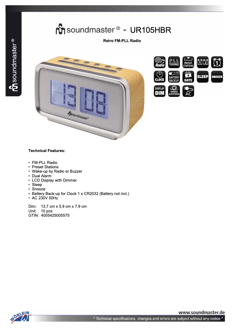 Page n°1 - Fiche technique Soundmaster UR105HBR