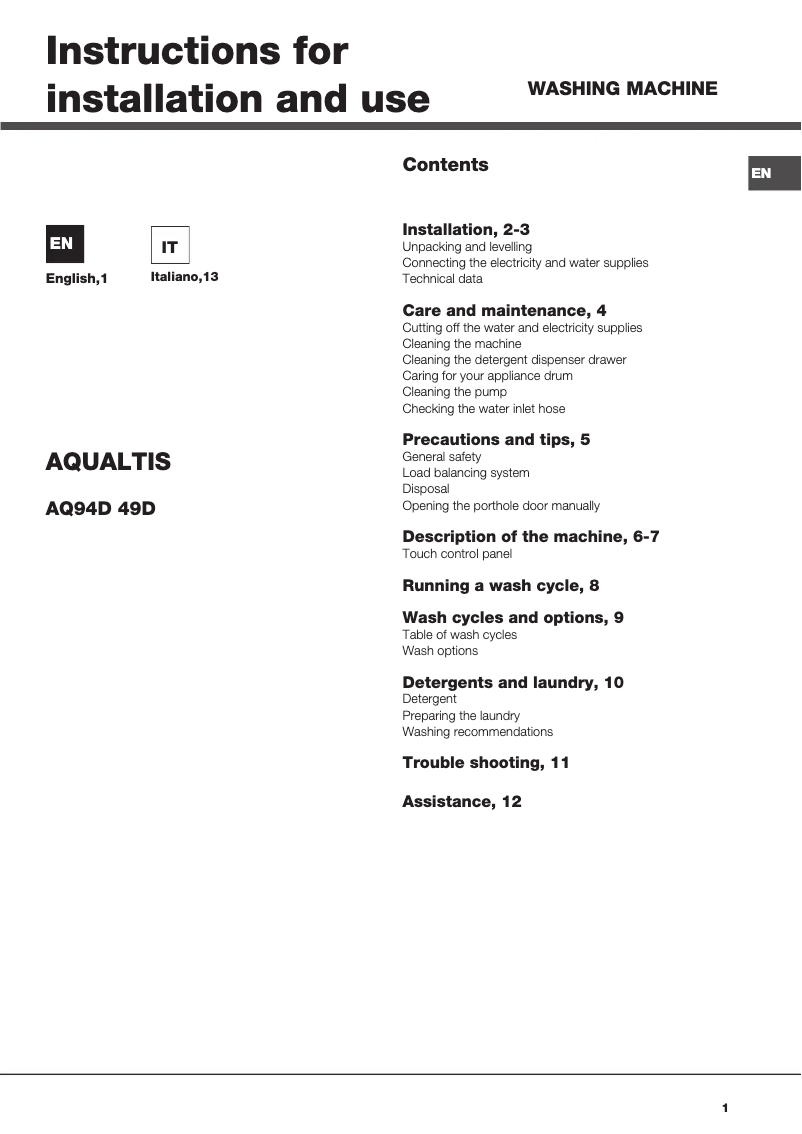 Page 1 de la notice Manuel utilisateur Hotpoint Ariston AQ94D 49D IT