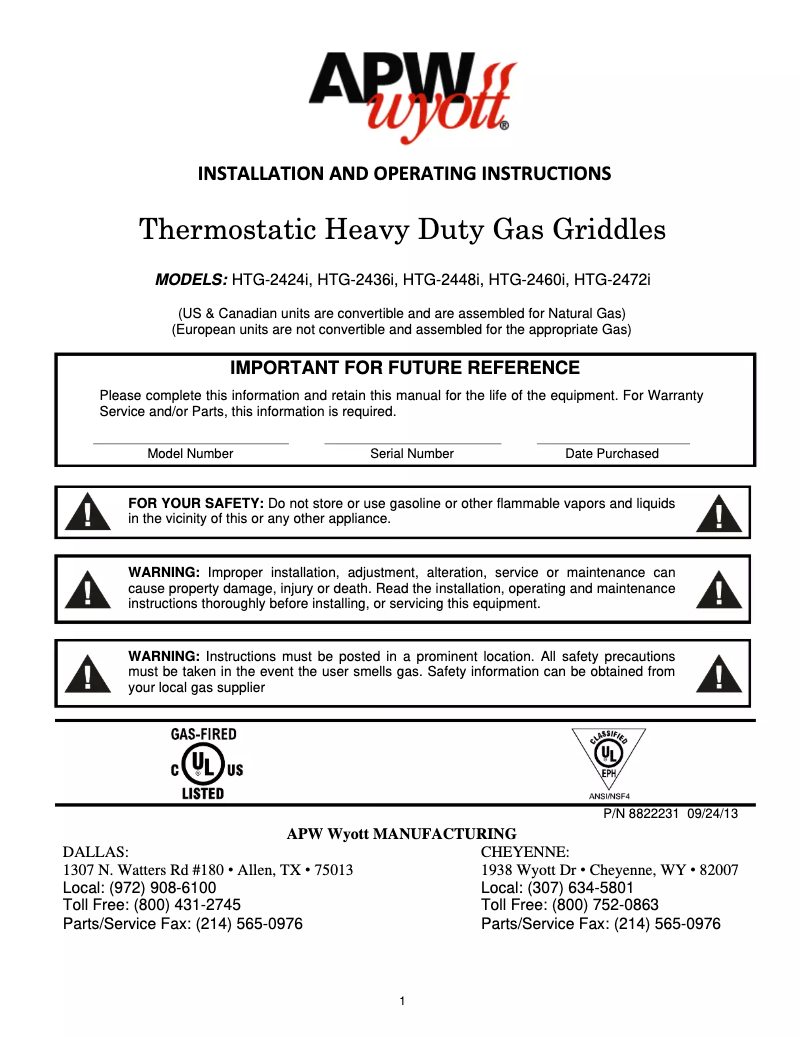 Page 1 de la notice Manuel utilisateur APW Wyott HTG-2436i