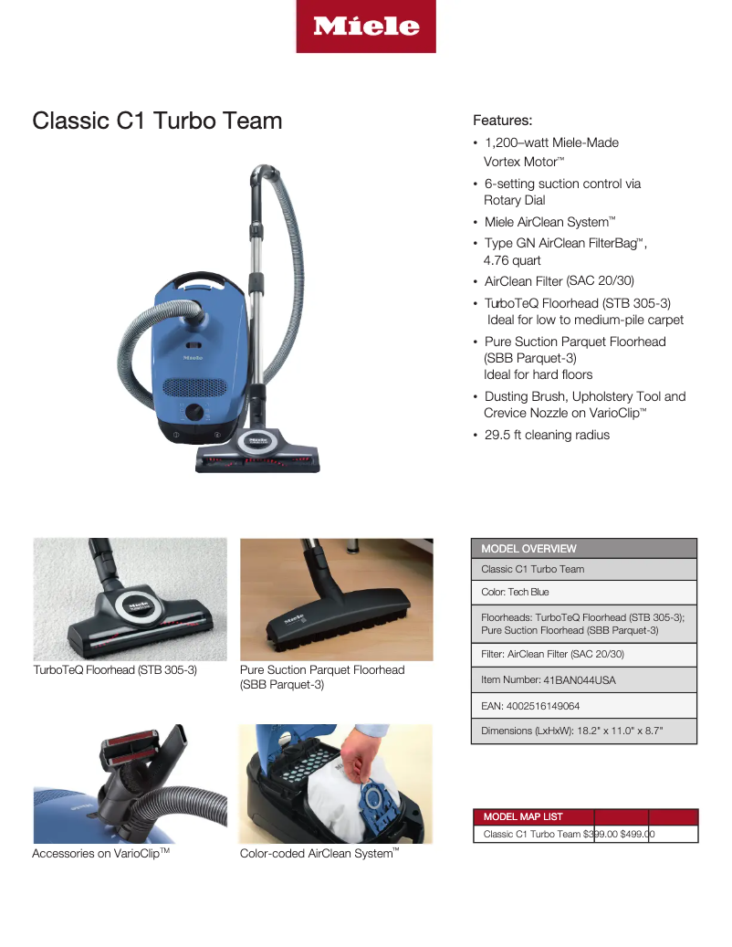 Page n°1 - Fiche technique Miele Classic C1 Turbo Team
