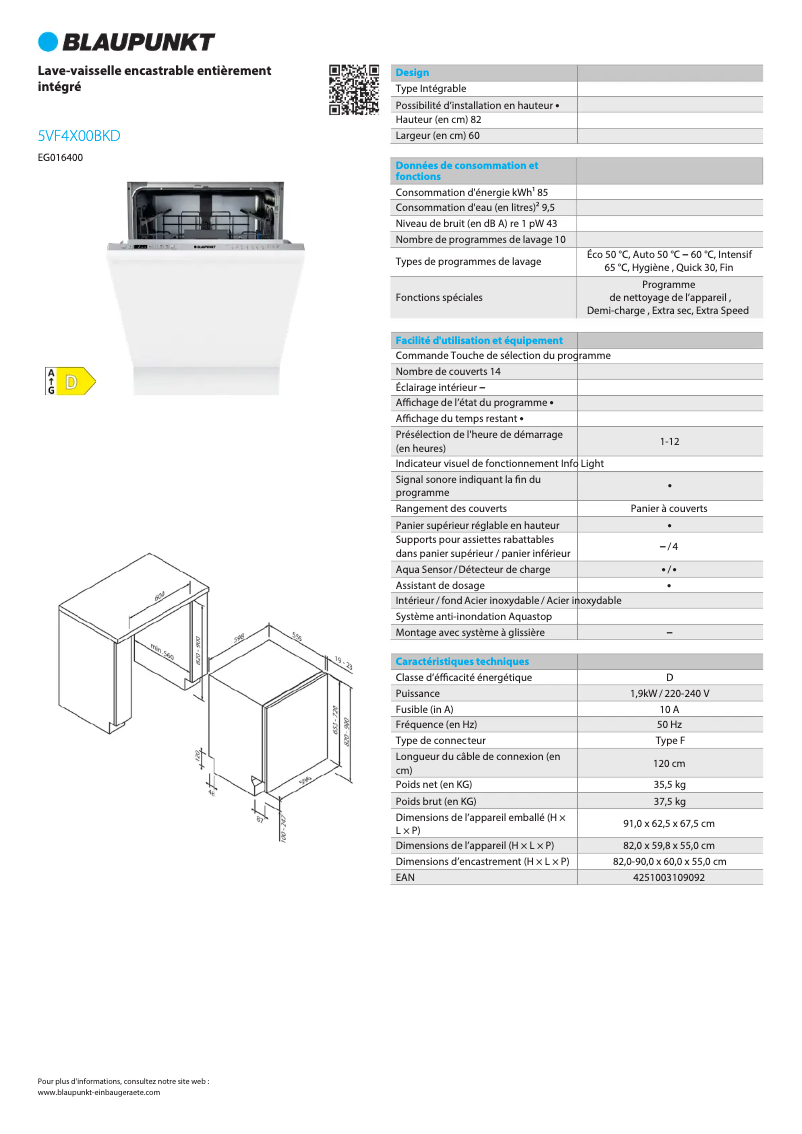 Page n°1 - Fiche technique Blaupunkt 5VF4X00BKD