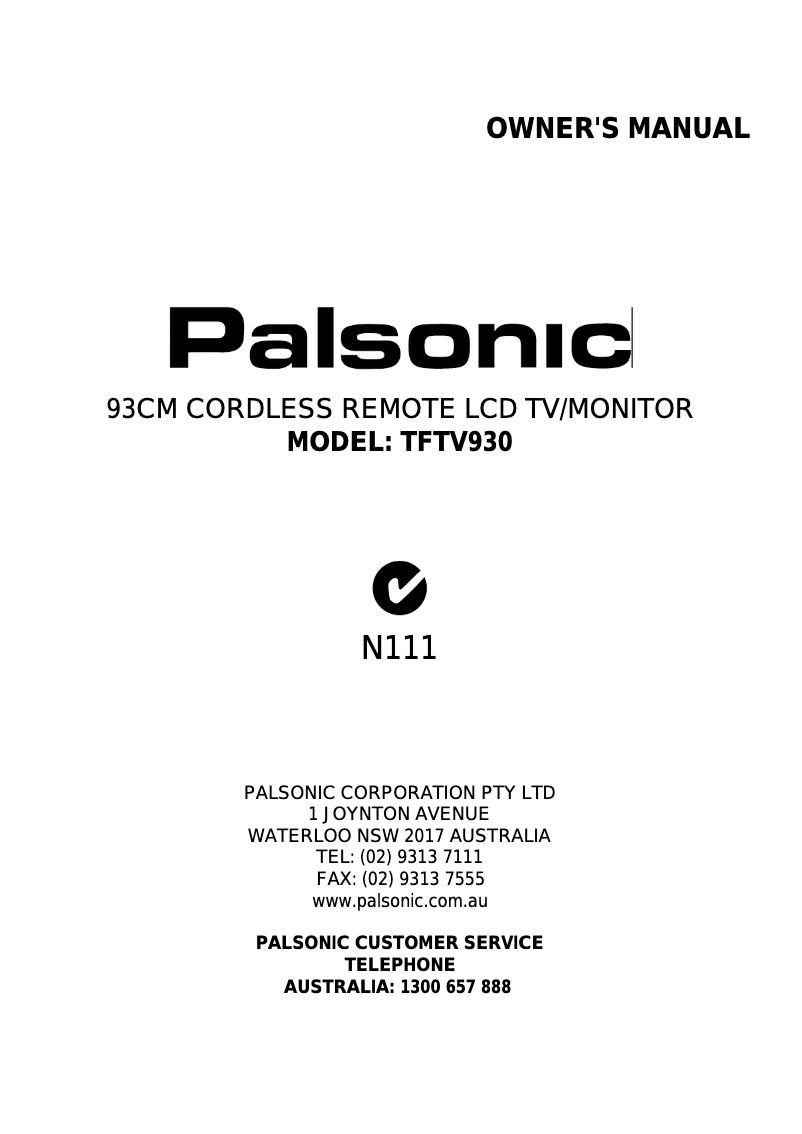 Page n°1 - Manuel utilisateur Palsonic TFTV930