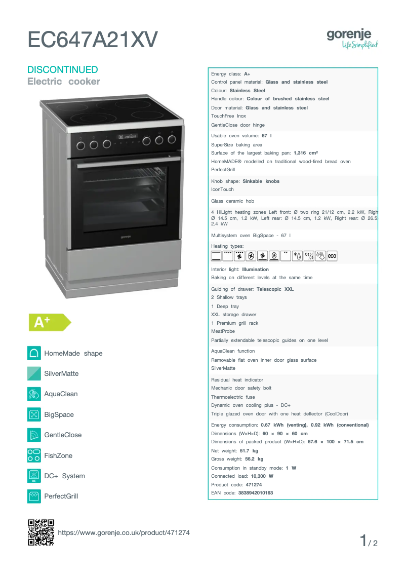 Página 1 del manual Ficha técnica Gorenje EC647A21XV