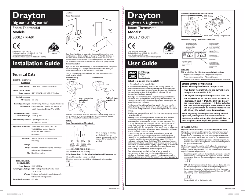Page n°1 - Manuel utilisateur Drayton Digistat +RF3