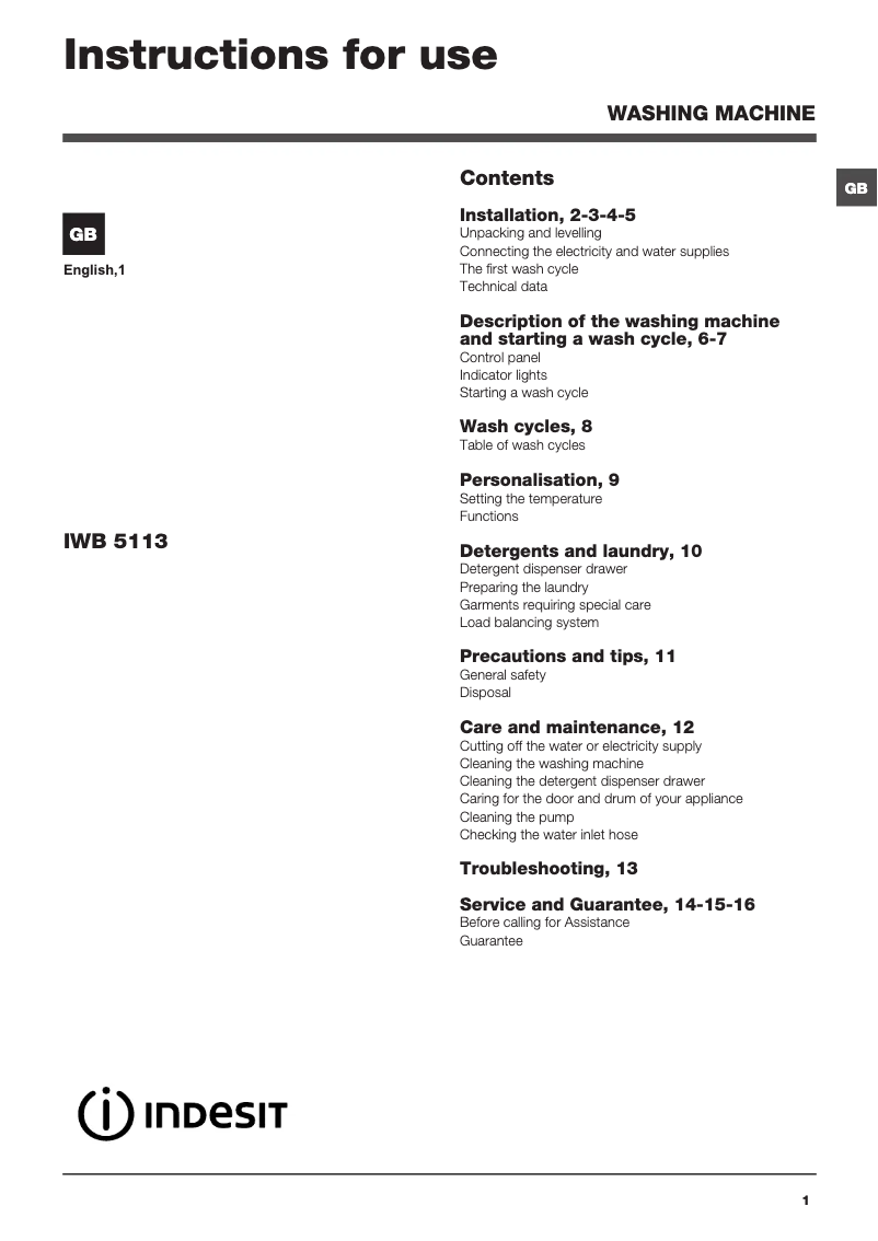 Image de la première page du manuel de l'appareil IWB 5113 (UK)