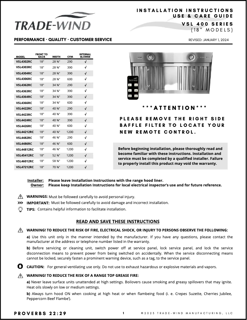 Page 1 de la notice Manuel utilisateur Trade-Wind VSL4364RC