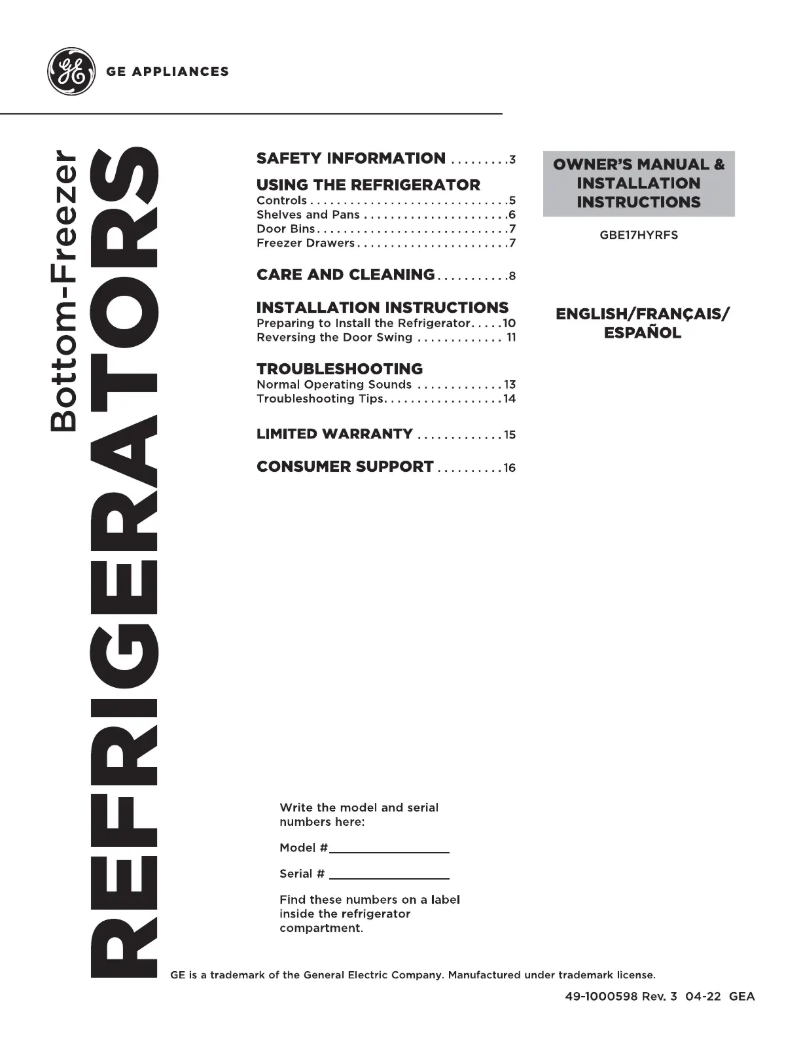 Page 1 de la notice Manuel d'utilisation et d'entretien GE GBE17HYRFS