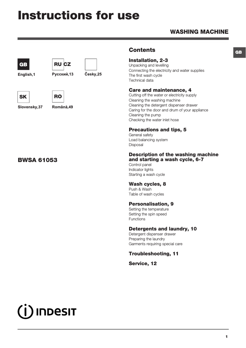 Page 1 de la notice Manuel utilisateur Indesit BWSA 61053 WSG EU