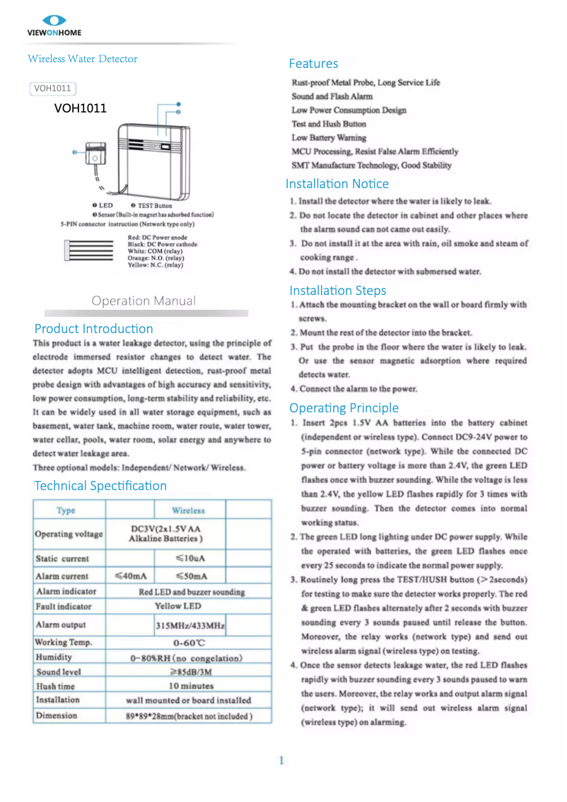 Page n°1 - Manuel utilisateur ViewOnHome VOH1011