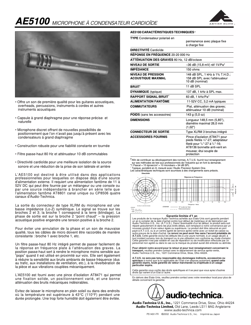 Page 1 de la notice Fiche technique Audio-Technica AE5100
