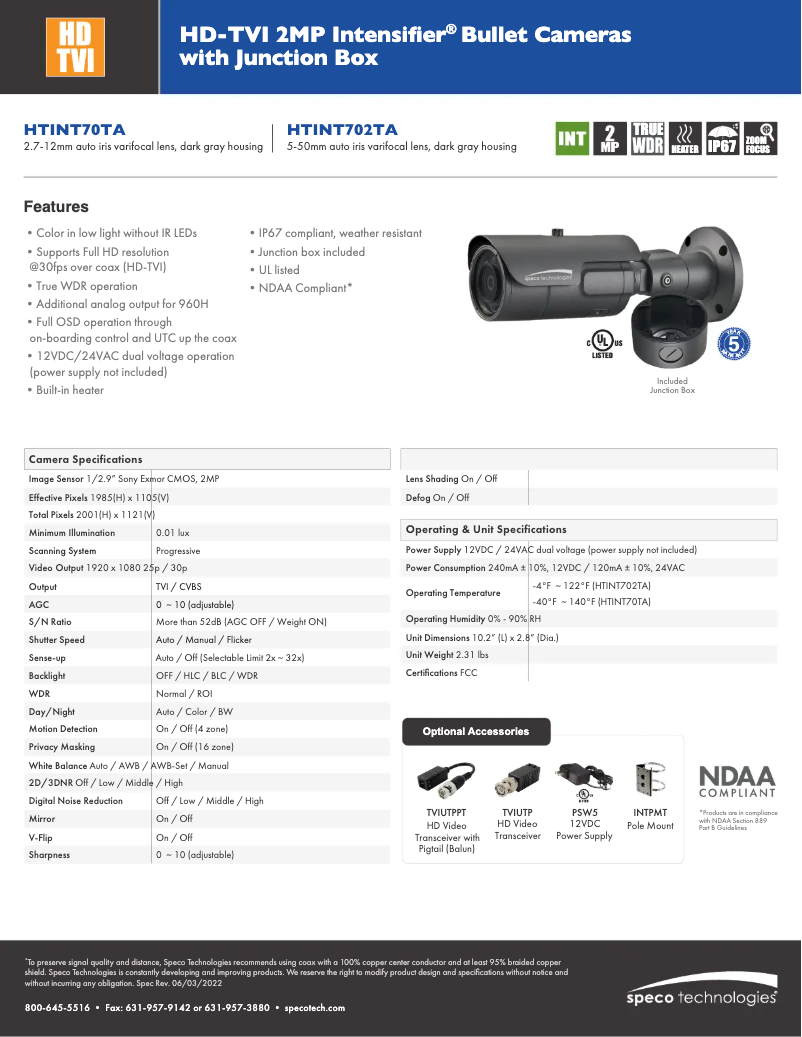 Page 1 de la notice Fiche technique Speco Technologies HTINT702TA