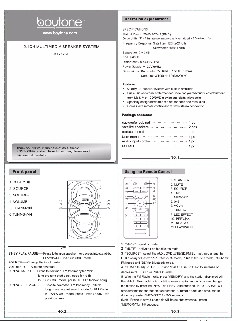Page n°1 - Manuel utilisateur Boytone BT-326F