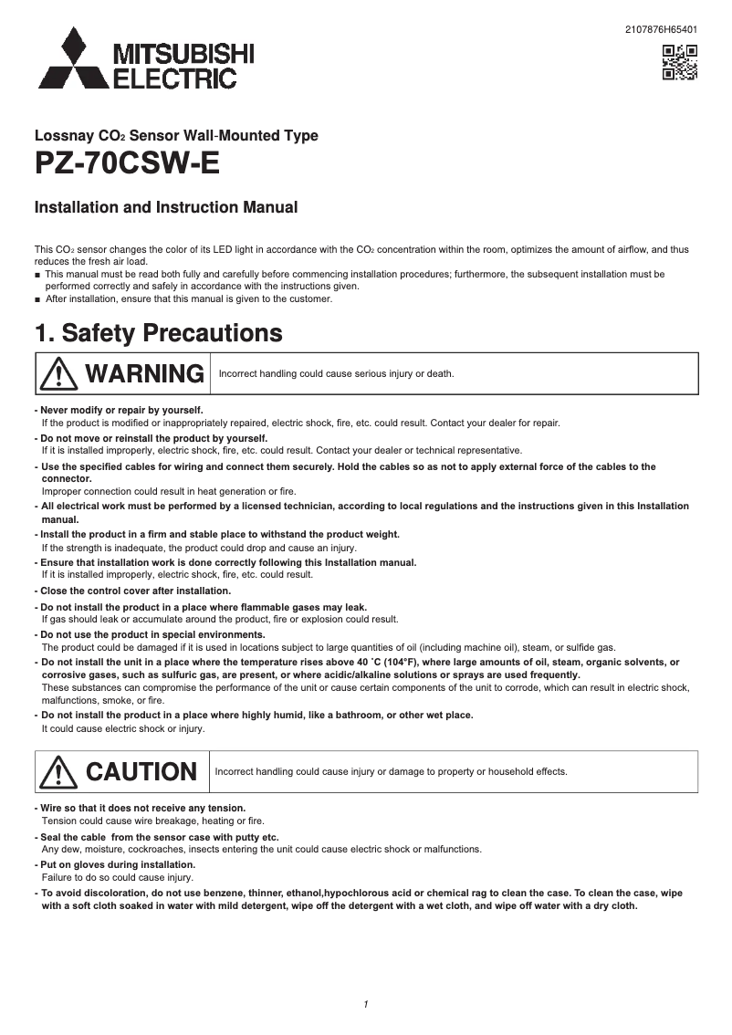 Page 1 de la notice Manuel utilisateur Mitsubishi PZ-70CSW-E