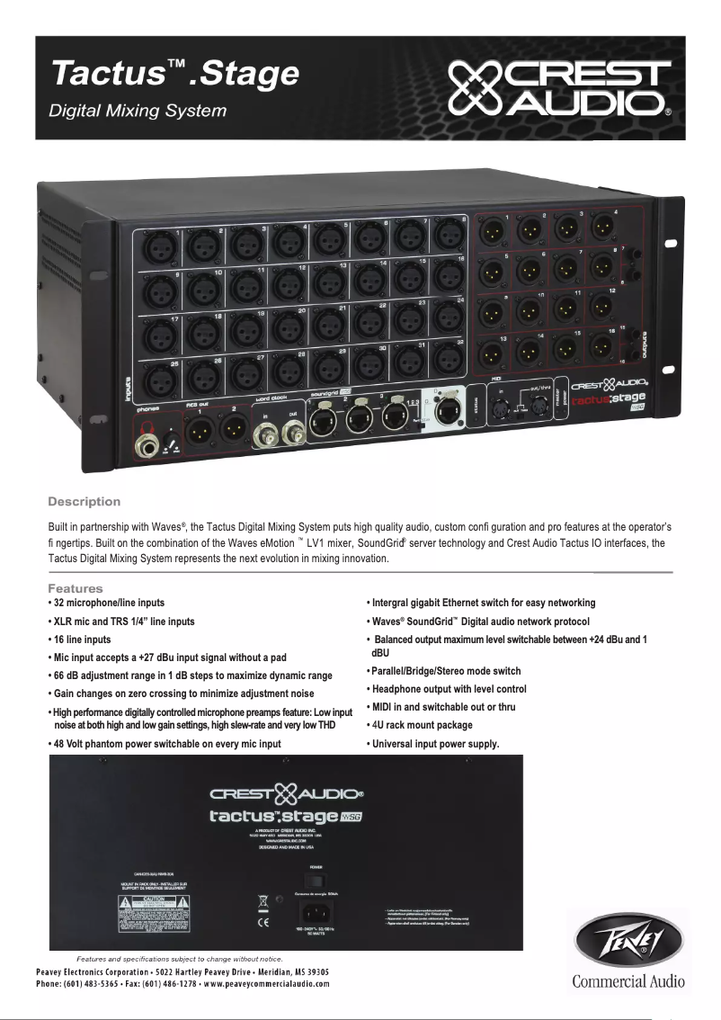 Page 1 de la notice Fiche technique Crest Audio Tactus Stage