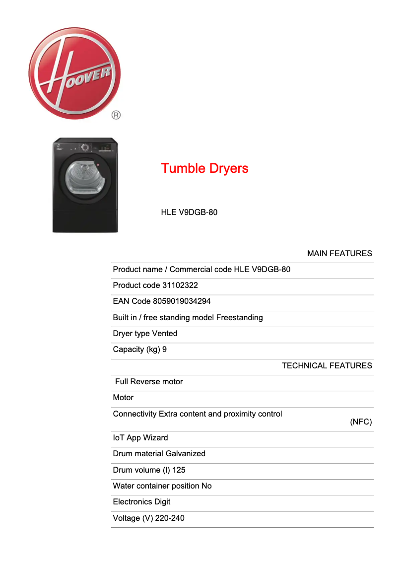 Page 1 de la notice Fiche technique Hoover HLE V9DGB
