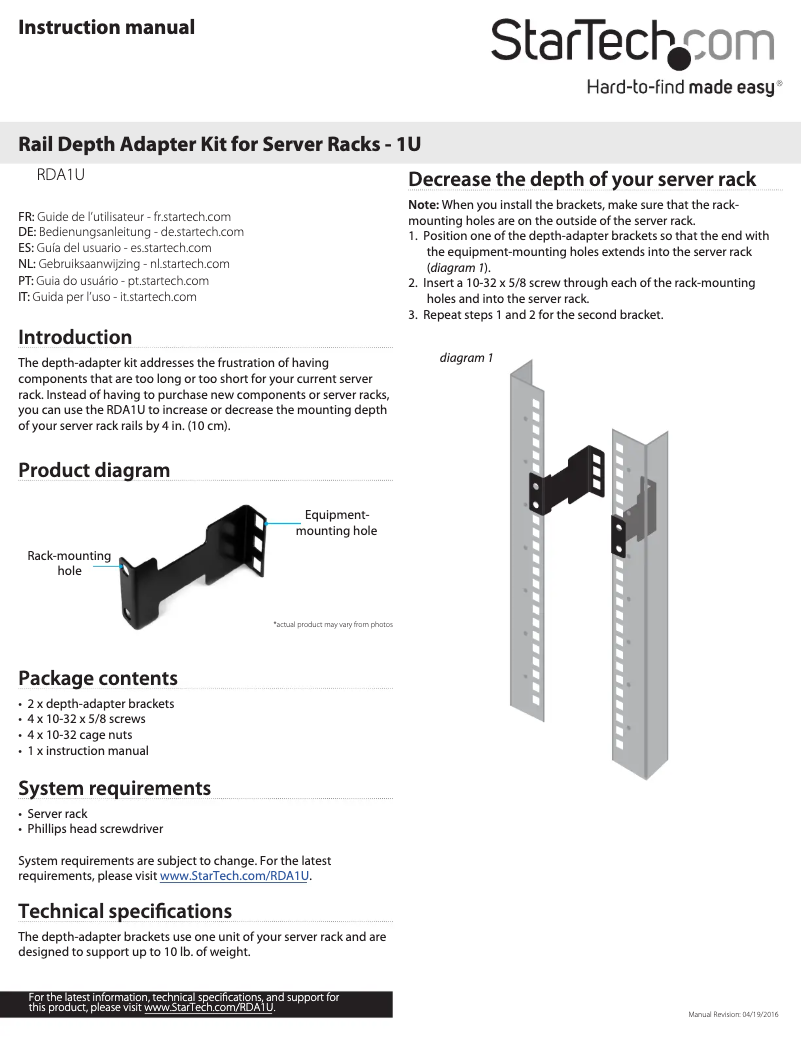 Page 1 de la notice Mode d'emploi StarTech.com RDA1U