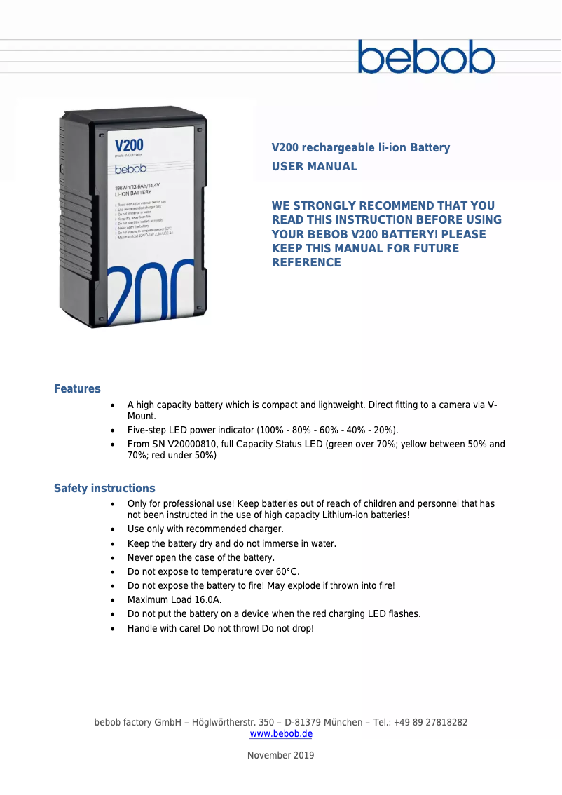 Page 1 de la notice Manuel utilisateur Bebob V200