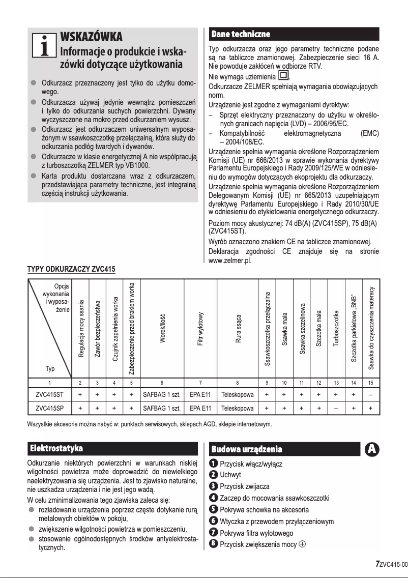 Page 1 de la notice Manuel utilisateur Zelmer Syrius ZVC415SP
