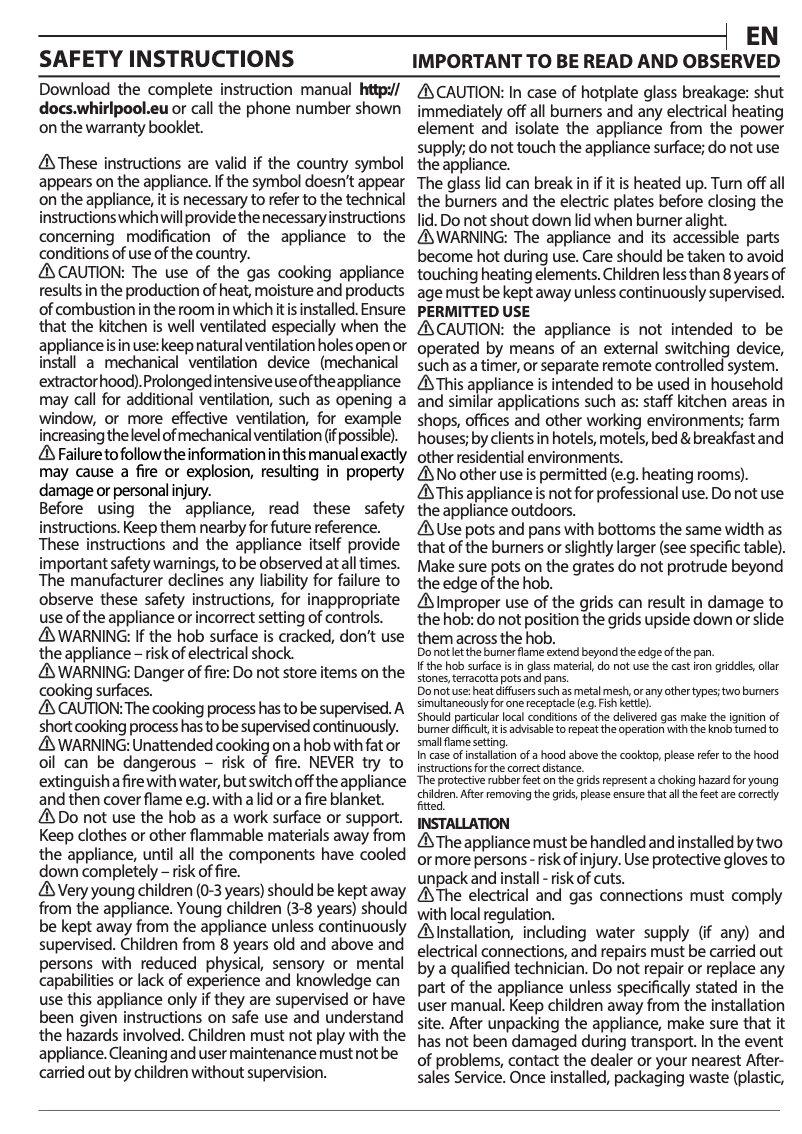 Page n°1 - Manuel utilisateur Whirlpool GOA 6425/NB