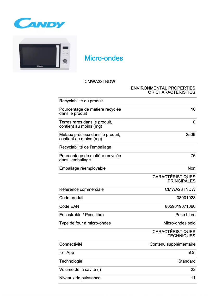 Page 1 de la notice Manuel utilisateur Candy CMWA23TNDW
