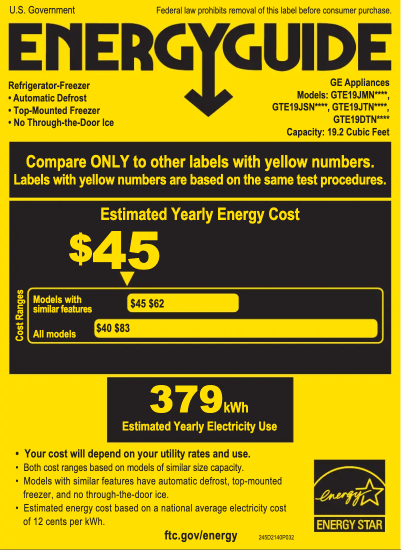 Page 1 de la notice Label énergétique GE GTE19DTNRWW