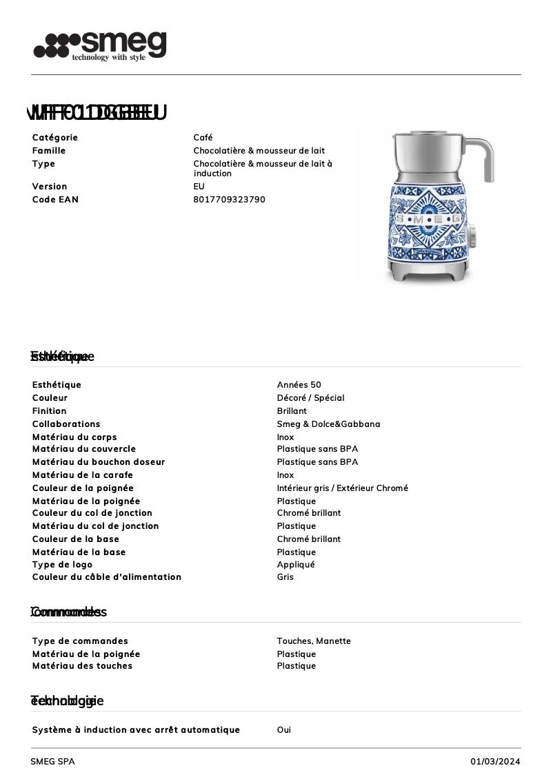 Page 1 de la notice Fiche technique Smeg MFF01