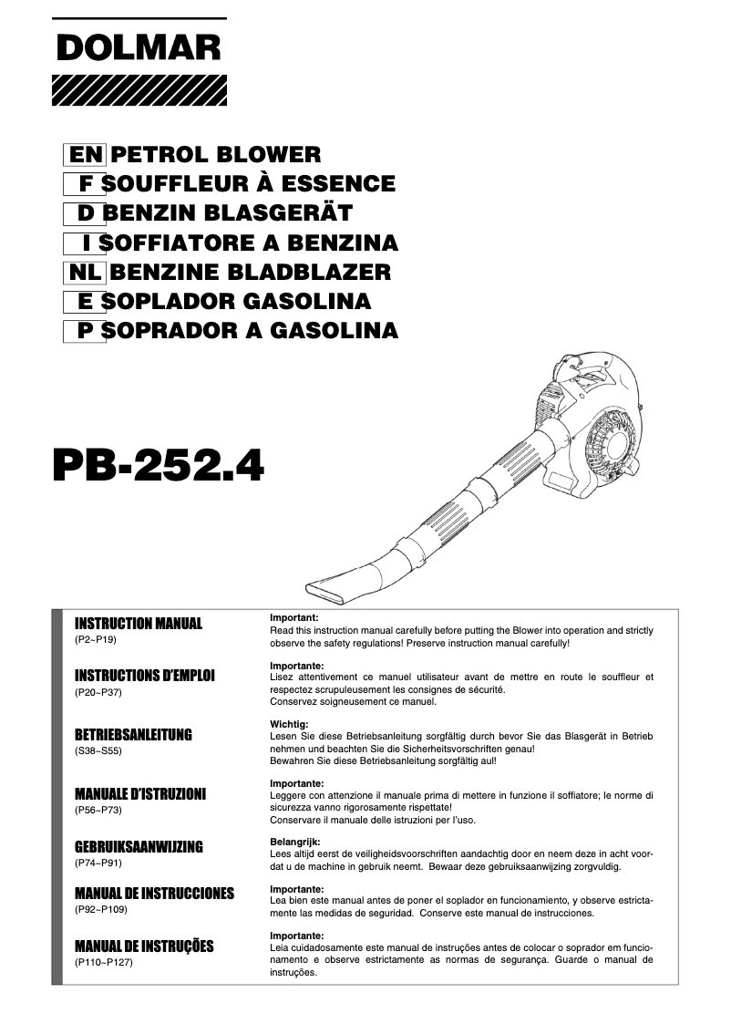 Page 1 de la notice Manuel utilisateur Dolmar PB252.4