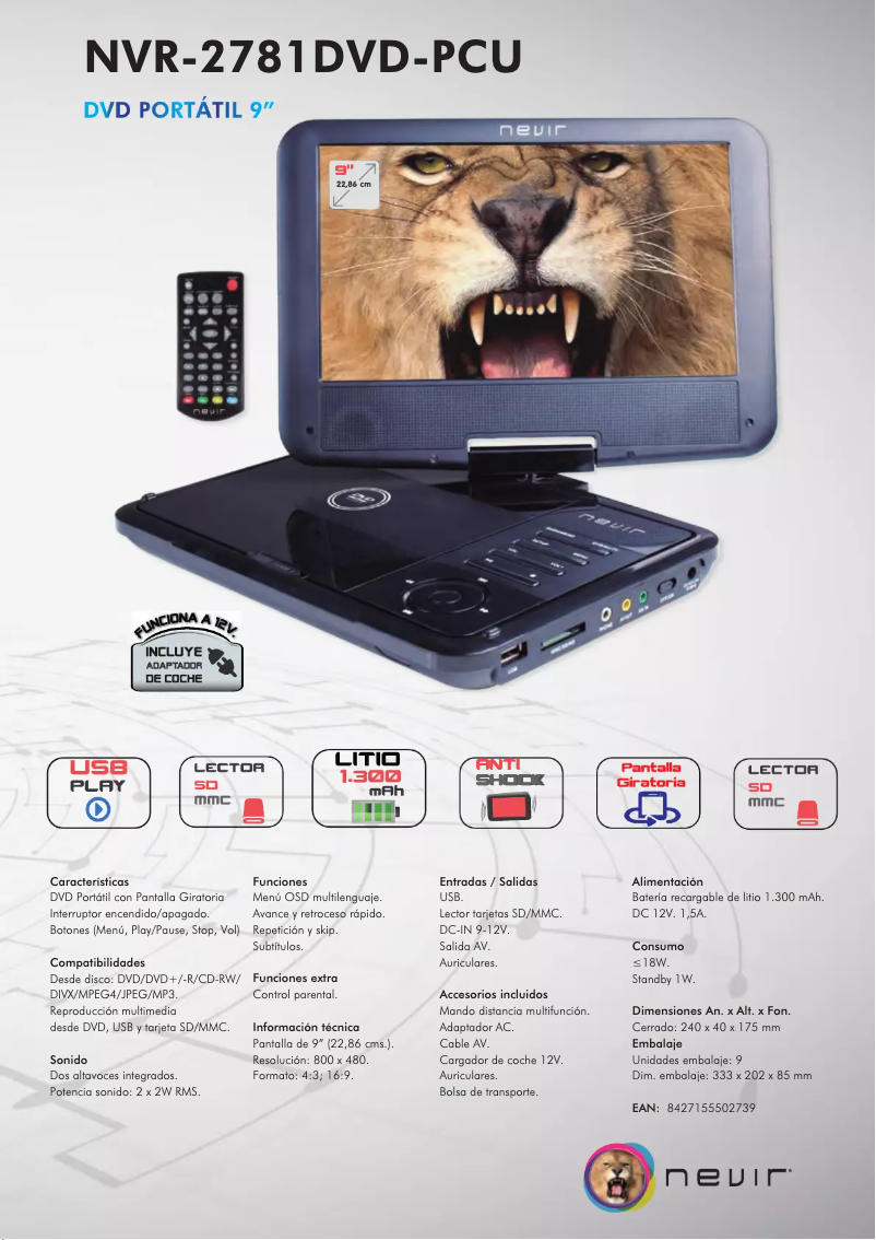 Page 1 de la notice Manuel utilisateur Nevir NVR-2781DVD-PCU