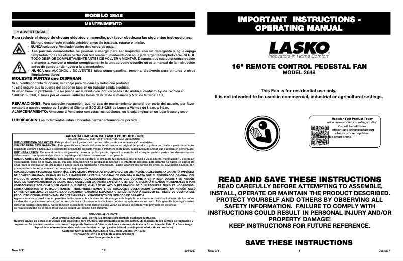 Page 1 de la notice Manuel utilisateur Lasko 2648